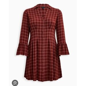 Torrid Mini Gauze Bell Sleeve Shirt Dress Plus Size 4X Brown Plaid Button Front